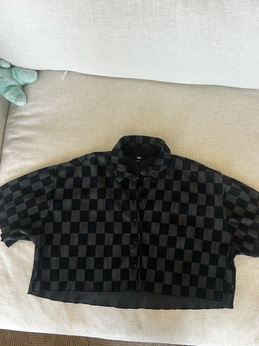 vans black gray checkerboard sheer plisse cropped button up shirt m - Picture 6 of 13